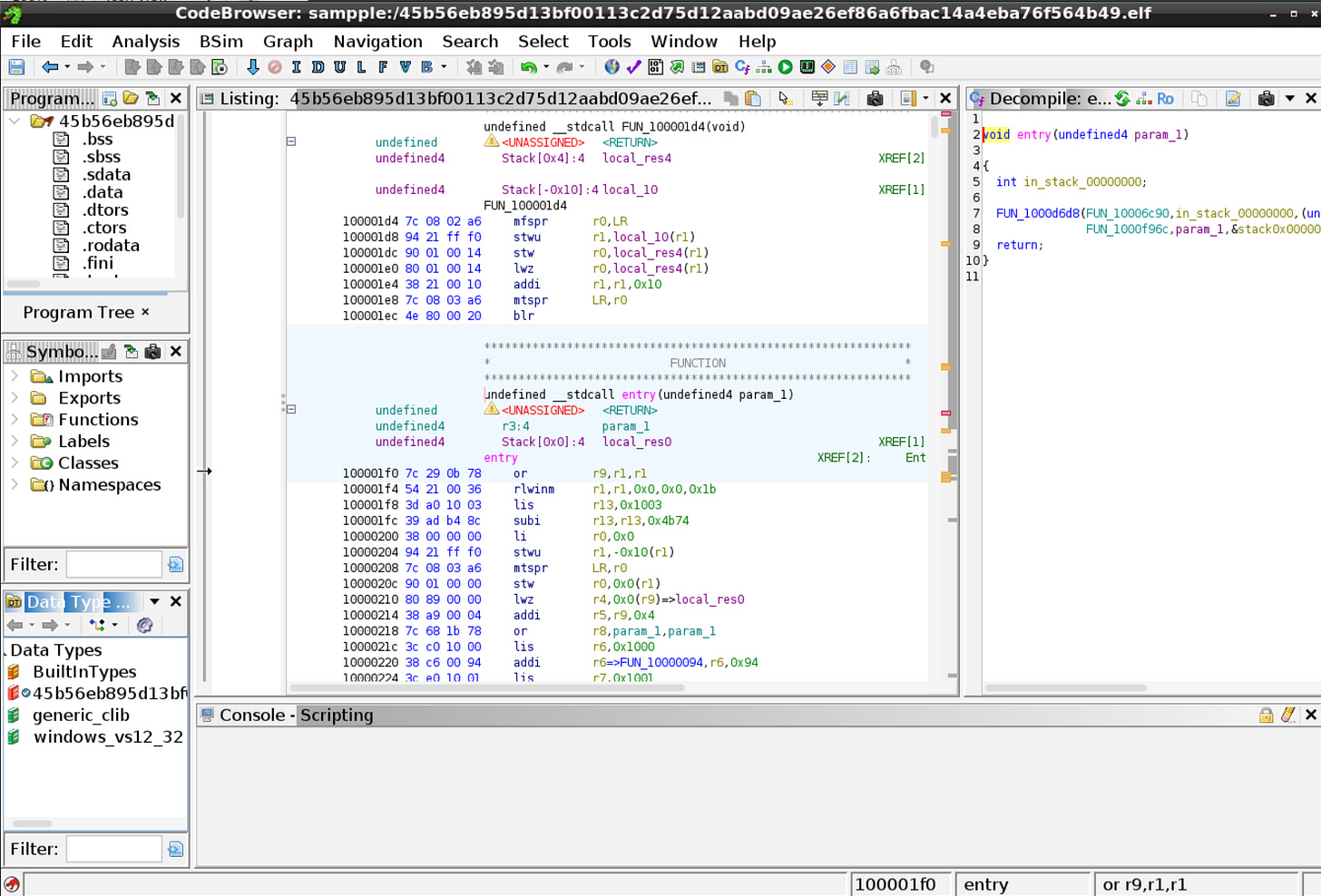 Ghidra의 CodeBrowser 인터페이스 화면