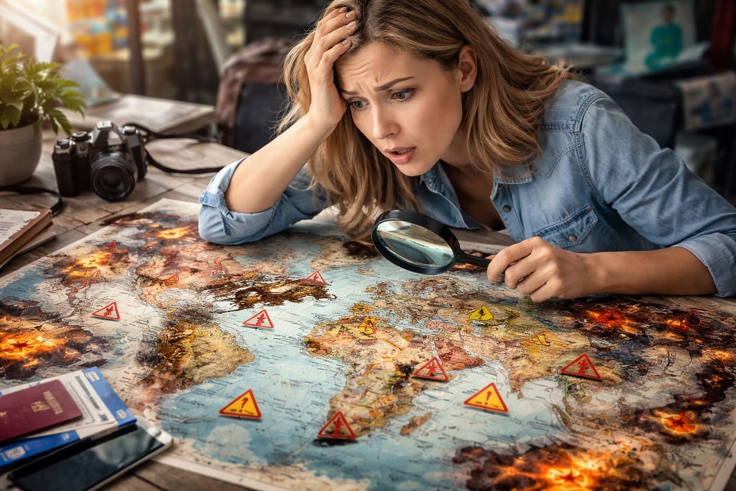 Woman Scouring War-Torn Map to Find Holiday Destination Woman Scouring War-Torn Map to Find Holiday Destination