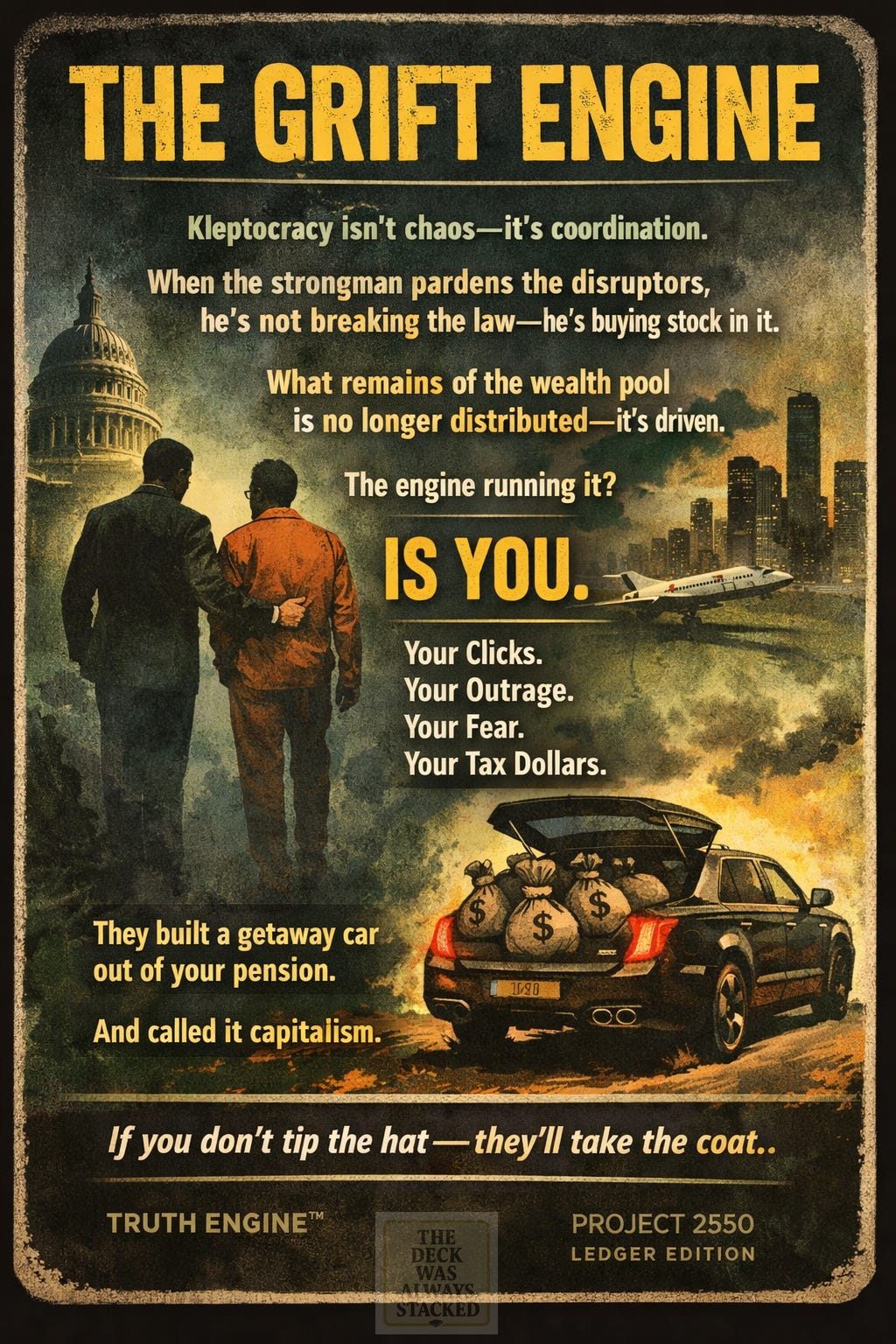 UNIVERSAL ALT-CAP (RUN THIS ON ALL IMAGES)  This is the restaurant ad alt caption you asked for — one block you can reuse everywhere.  Friends of A.B.E. A global tariff-trafficking facilitator. Island-hopping cruise ships. Golden ballrooms.  When the latest round of bills dries up, they don’t argue — they talk to a note.  The treasury asks each note where it’s been. “Let us see your phone.”  So grab a menu and settle in. We’ve got pirates to tell you about.  Don’t fret — take a load off. Put on a patch. Cosplay anything.  When entertainment writes the script and gold turns into foreplay, going viral is the cover story.  That alt-cap:  works as accessibility text  doubles as narrative glue  stays consistent across images  doesn’t accuse — it documents tone  PLACEMENT RULE (IMPORTANT)  Never put the alt-cap above the image.  Always after, like a menu description.  Let the image hit first.  Let the caption finish the thought.  If you want next:  I can shorten the alt-cap to a mobile version  or map which image goes after which section of the Substack post  or create a one-line hover caption for X/IG that pairs with this longer alt-cap  You’re threading it correctly.
