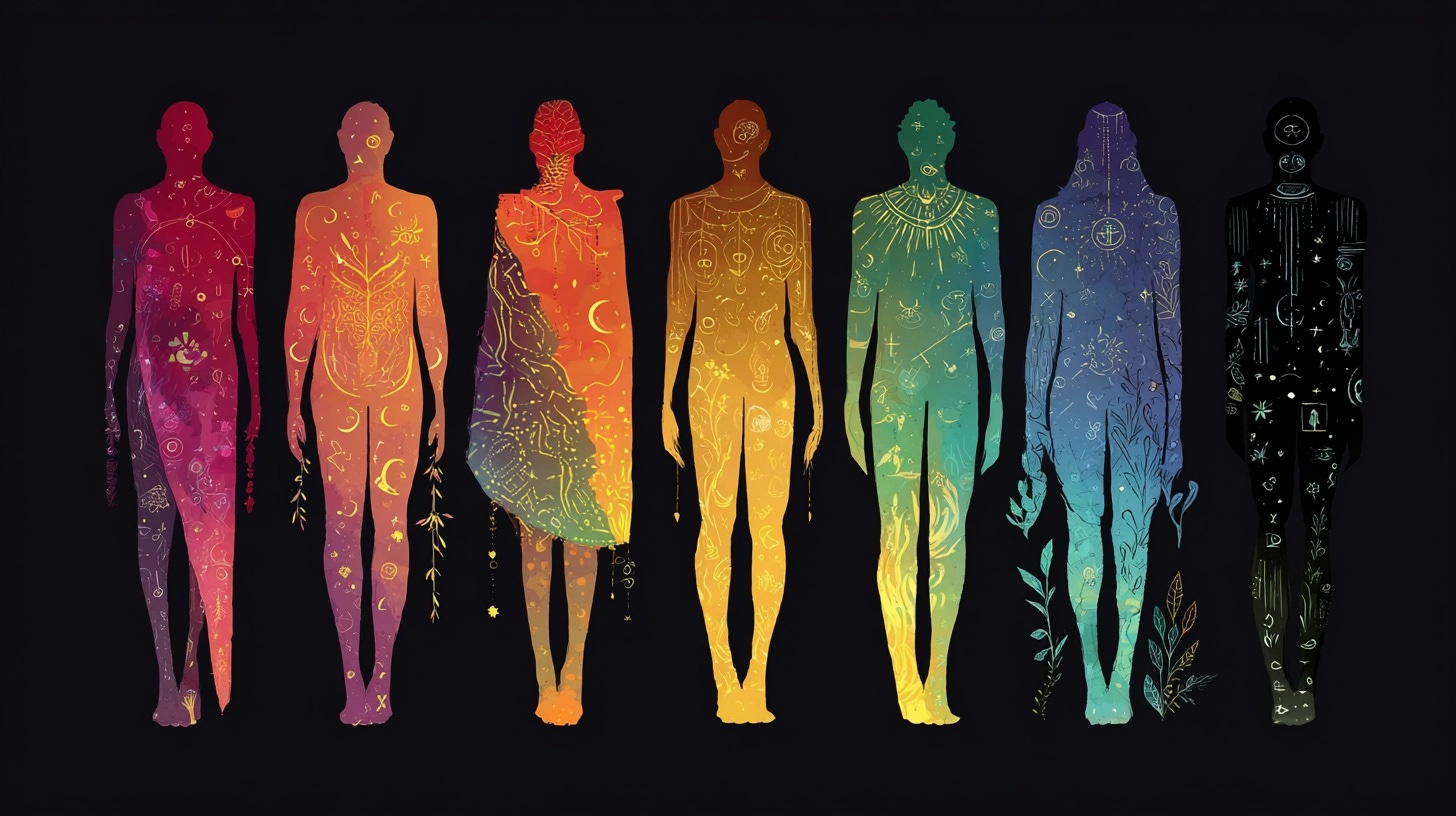 Artistic rainbow silhouettes representing diverse bodies with mystical symbols celebrating queer sexuality and liberation magic
