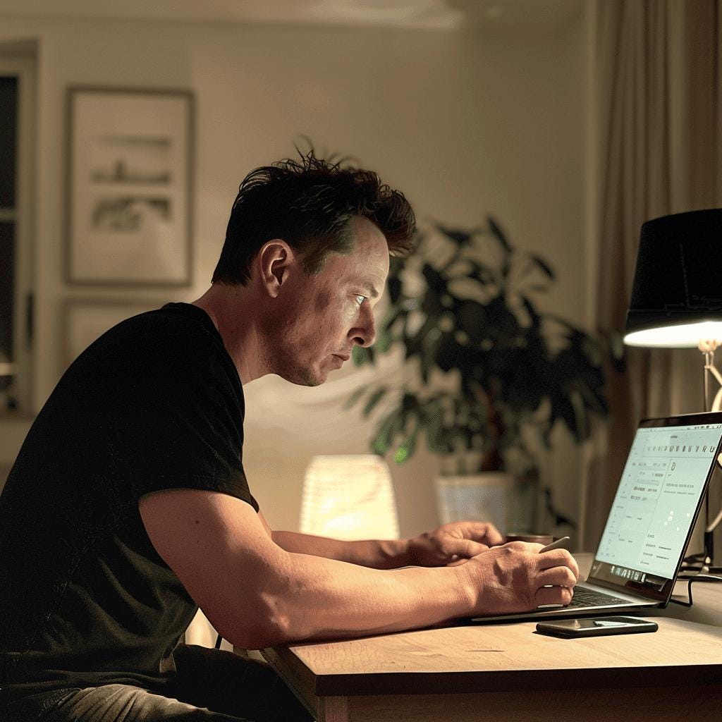 Elon Musk working late at a laptop Elon Musk working late at a laptop
