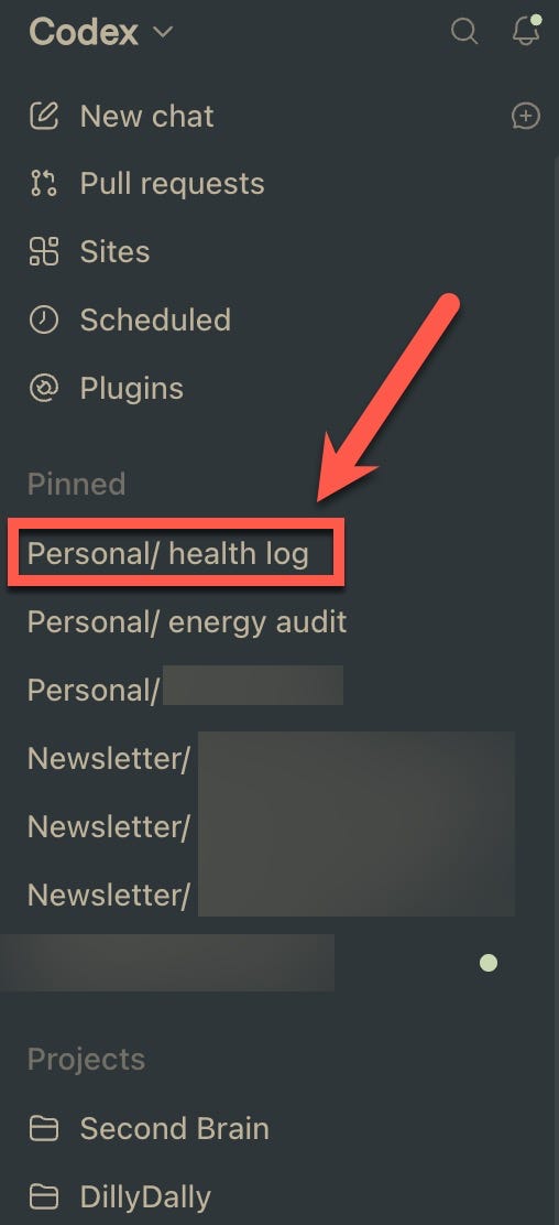 Pinned Health Log task in Codex