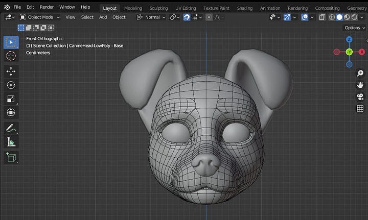 Male dog head, low poly version on the left, high poly on the right.