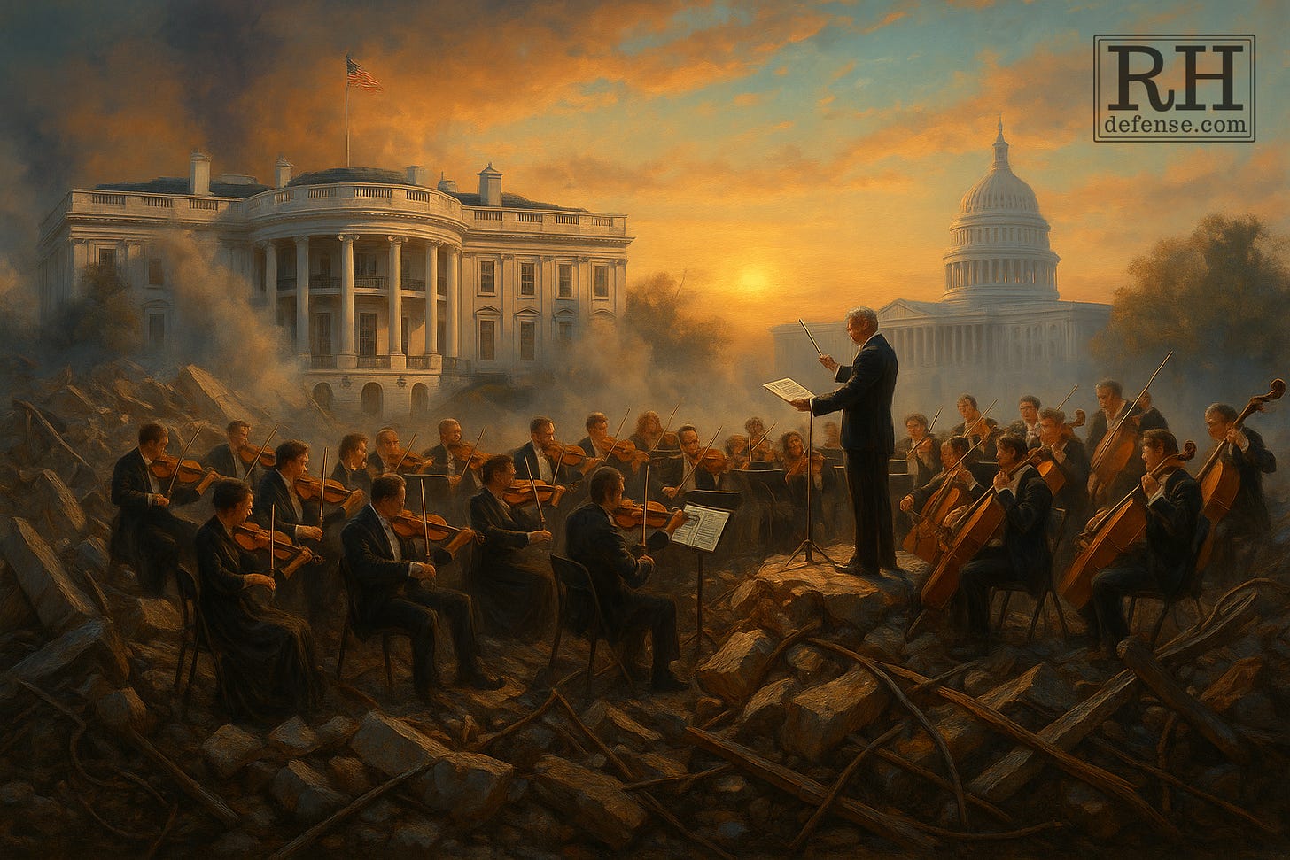 A small orchestra performs at dawn atop the rubble of the East Wing. A conductor raises a gavel instead of a baton as golden light cuts through dust, echoing hope and defiance amid destruction.