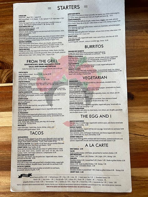 Frida’s menu and tacos and enchiladas