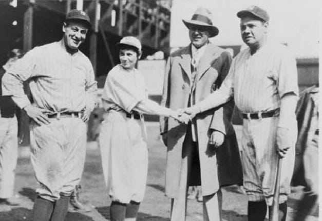 Lou Gehrig and Babe Ruth pose with Lookouts pitcher Jackie Mitchell and team president Joe Engel. Lou Gehrig and Babe Ruth pose with Lookouts pitcher Jackie Mitchell and team president Joe Engel.