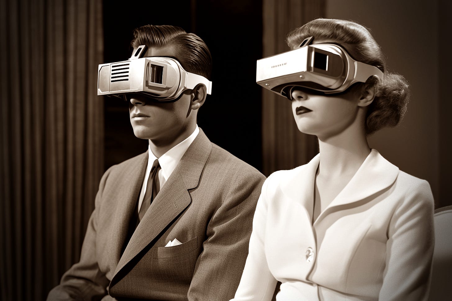 An AI, retro sepia photo a smartly dressed man and woman sat side by side, wearing virtual reality type boxy eyewear devices. Image by Leighley from Pixabay (modified).