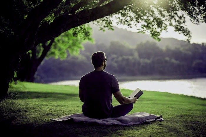 A person relaxes on a blanket by the lake, absorbed in a book, enjoying the tranquil setting and soft breeze.