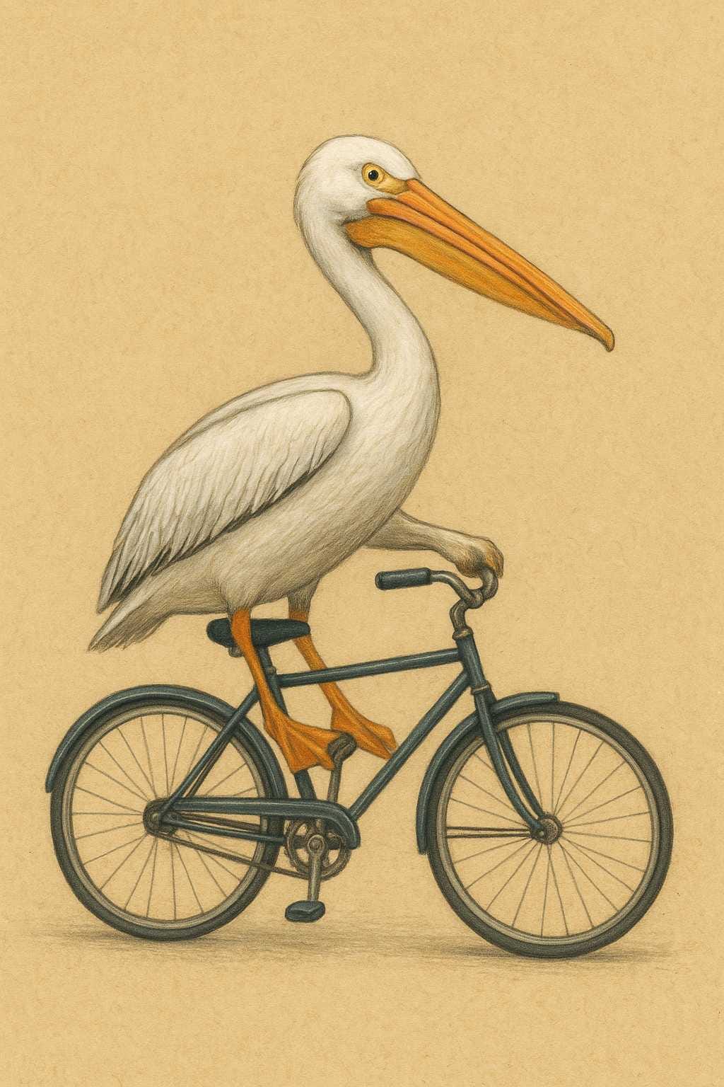 A nice illustration of a pelican riding a bicycle, both pelican and bicycle are exactly as you would hope. Looks sketched, maybe colored pencils? The pelican's two legs are on the pedals but it also has a weird sort of paw on an arm on the handlebars.