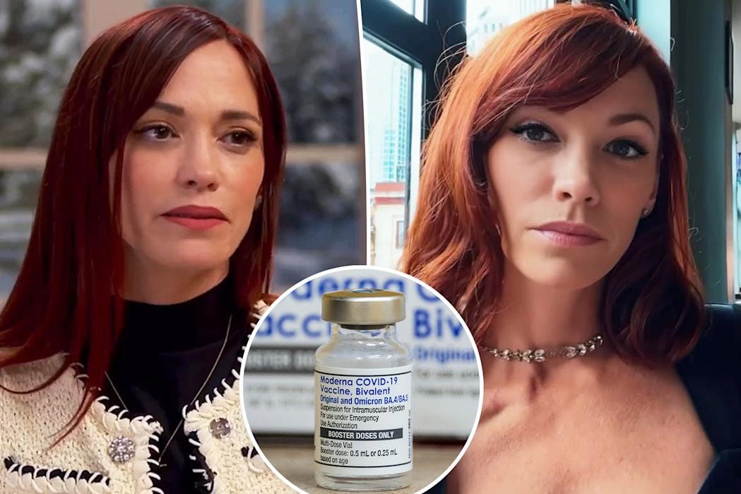 Split images of Jessica Sutta with an inset of Moderna&#39;s Covid-19 vaccine.