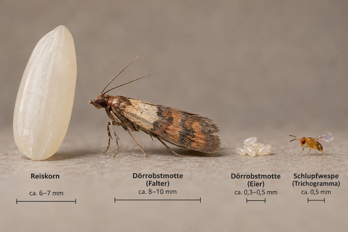 Infografik zum Grössenvergleich von Vorratsschädlingen und einer Schlupfwespe: Links ein Reiskorn (6–7 mm), daneben der braun gemusterte Falter einer Dörrobstmotte (8–10 mm), eine Gruppe winziger, weisslicher Motteneier (0,3–0,5 mm) und rechts eine gelblich-braune Schlupfwespe der Gattung Trichogramma (0,5 mm) mit roten Augen und durchsichtigen Flügeln. Massstabsbalken verdeutlichen die Grössenunterschiede.