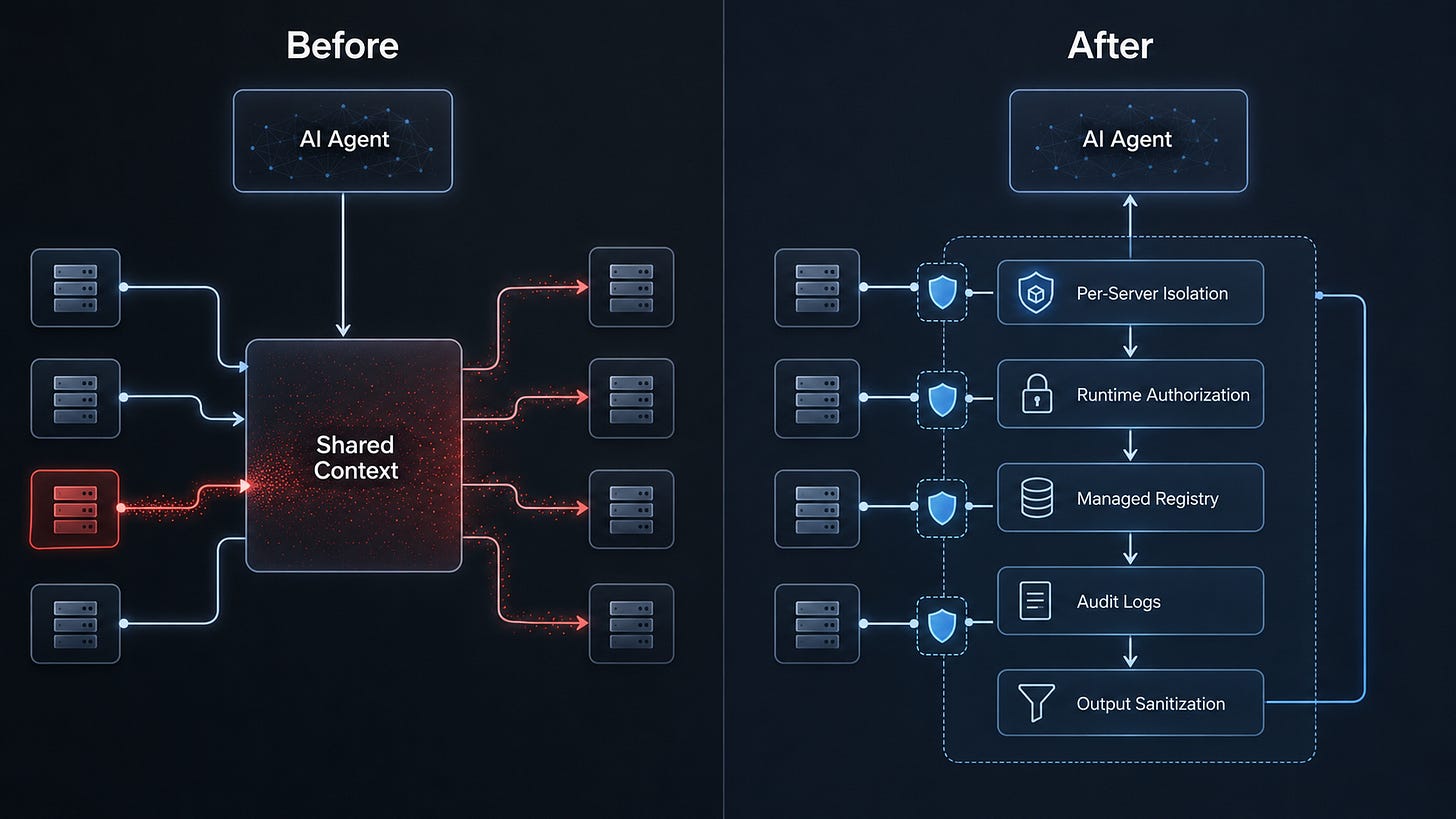 Enterprise architecture diagram showing secure MCP runtime design with per-server context isolation, runtime authorization, managed registry, audit logs, and output sanitization. Enterprise architecture diagram showing secure MCP runtime design with per-server context isolation, runtime authorization, managed registry, audit logs, and output sanitization.
