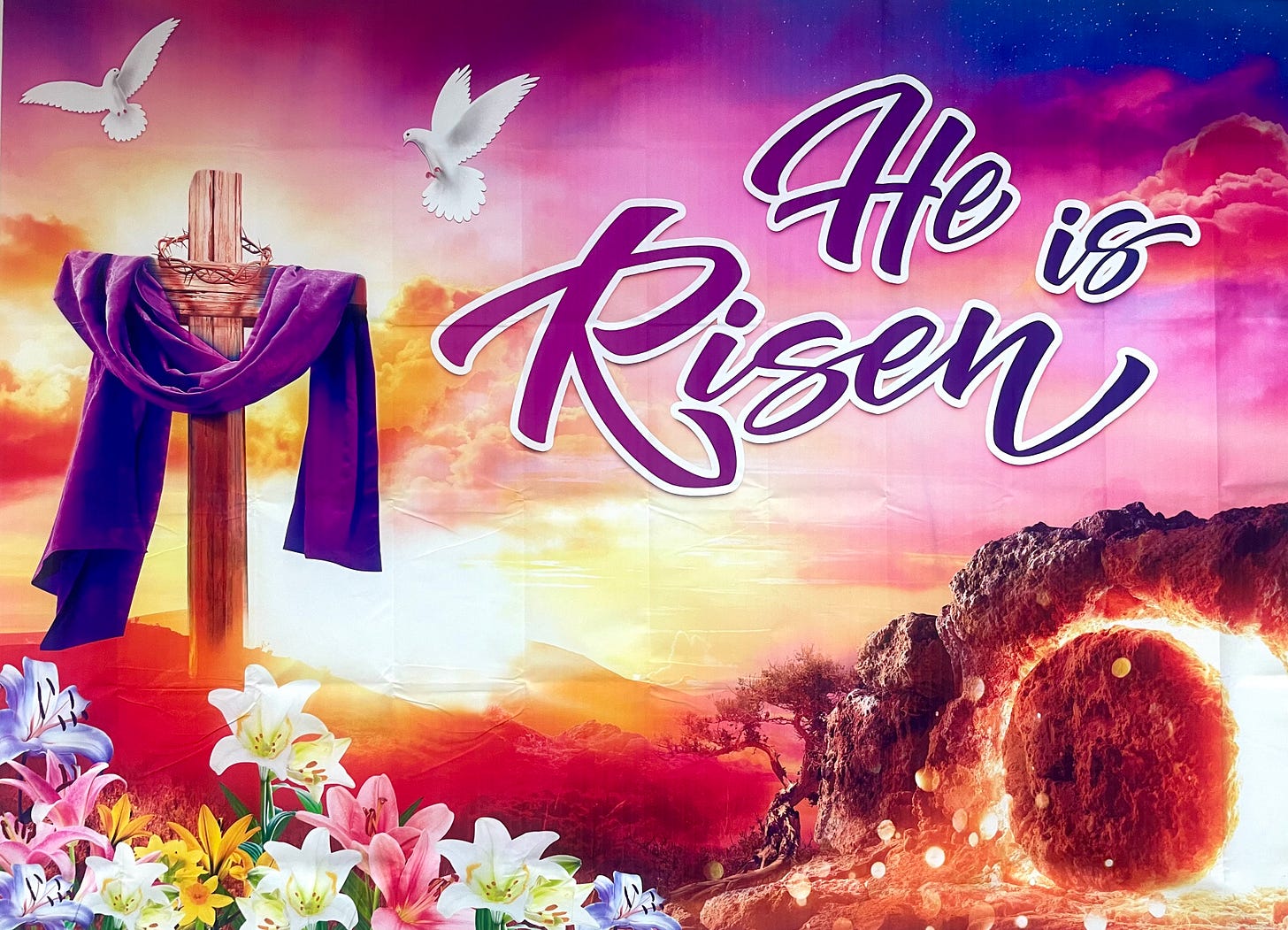 I took this photo of the empty cross, the tomb door rolled aside and doves at our church where it's displayed on the wall. I took this photo of the empty cross, the tomb door rolled aside and doves at our church where it's displayed on the wall.