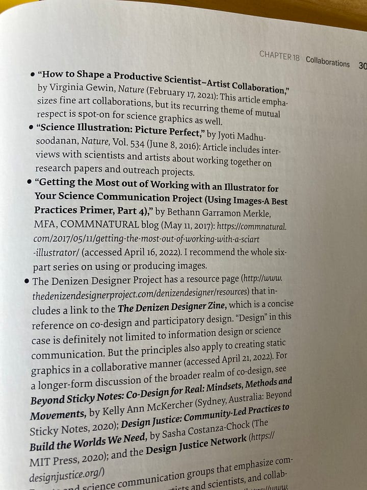 Photos of pages from the book mentioned in this post. Full content is cut-off, but basically points the reader my series on ethical use of images for science communication.