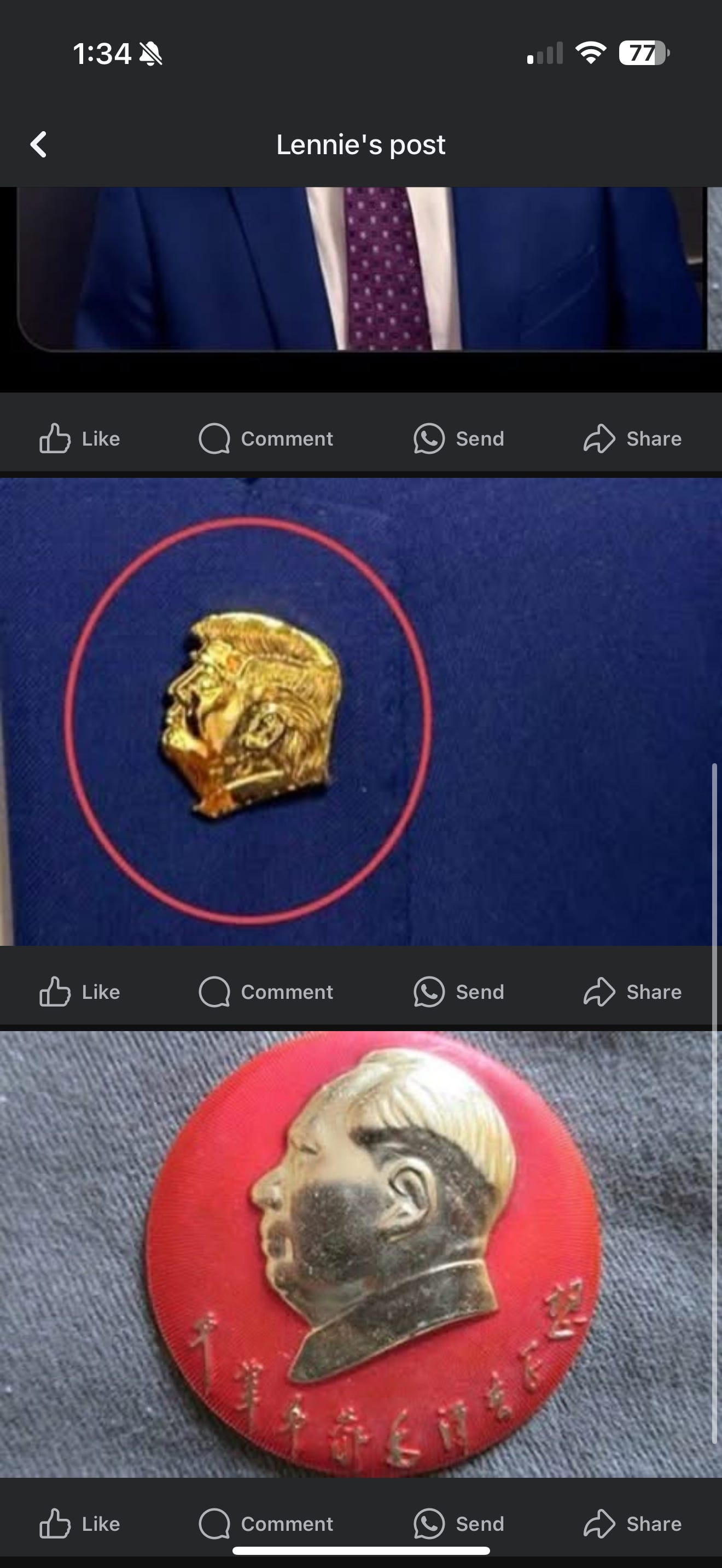 Side-by-side image comparison showing two gold-colored lapel pins. On the left, a Trump profile pin on a navy blue background. On the right, a red circular badge showing a golden profile of a North Korean or Maoist leader. Both pins are nearly identical in size, shape, and authoritarian symbolism.