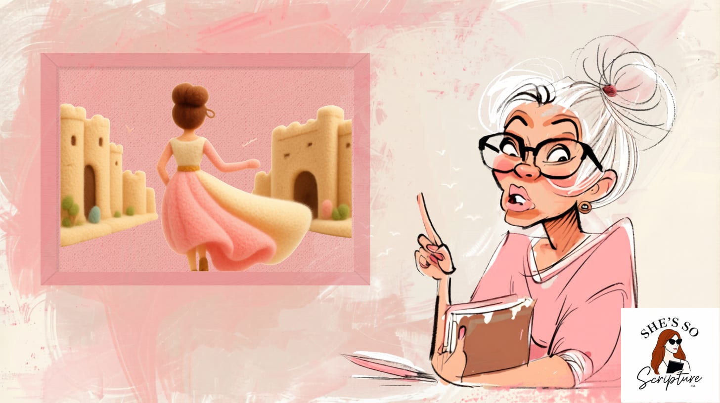 Watercolor and ink illustration of a woman in cream and blush robes running toward ancient stone city gates at sunset, evoking the biblical cities of refuge with Miss Patty the Sunday School teacher pointing to it