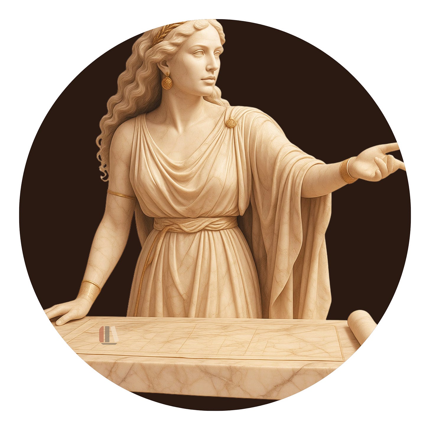 Sculpted classical bust in pale stone against a dark brown circle. A composed woman in a draped robe stands at a table set with a chart, one hand on the table and the other extended to point the way, mid-instruction rather than enchantment. Sculpted classical bust in pale stone against a dark brown circle. A composed woman in a draped robe stands at a table set with a chart, one hand on the table and the other extended to point the way, mid-instruction rather than enchantment.