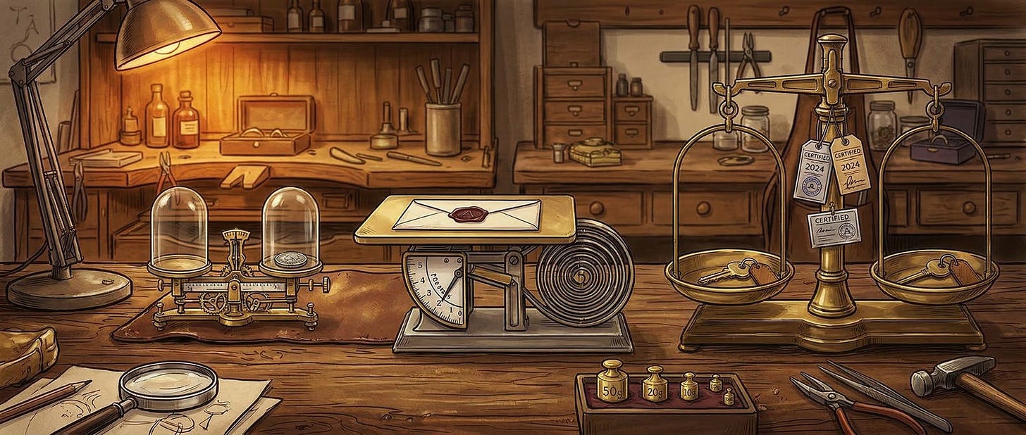 In the same workshop, like is now measured with like: coin, envelope and keys, each on different scales.