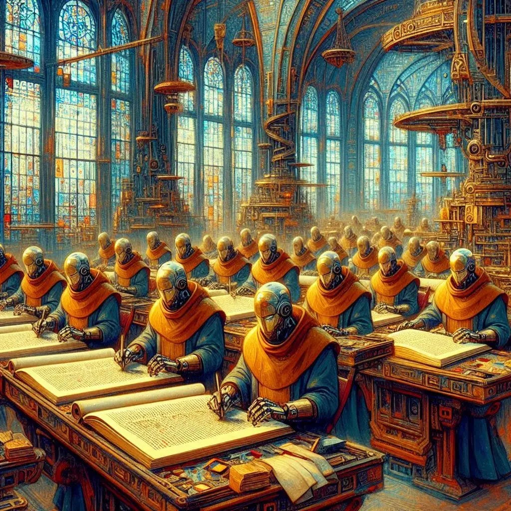 A group of robot monks work on illuminating manuscripts in a medieval scriptorium. Beautiful. Slight impressionist style. A group of robot monks work on illuminating manuscripts in a medieval scriptorium. Beautiful. Slight impressionist style.
