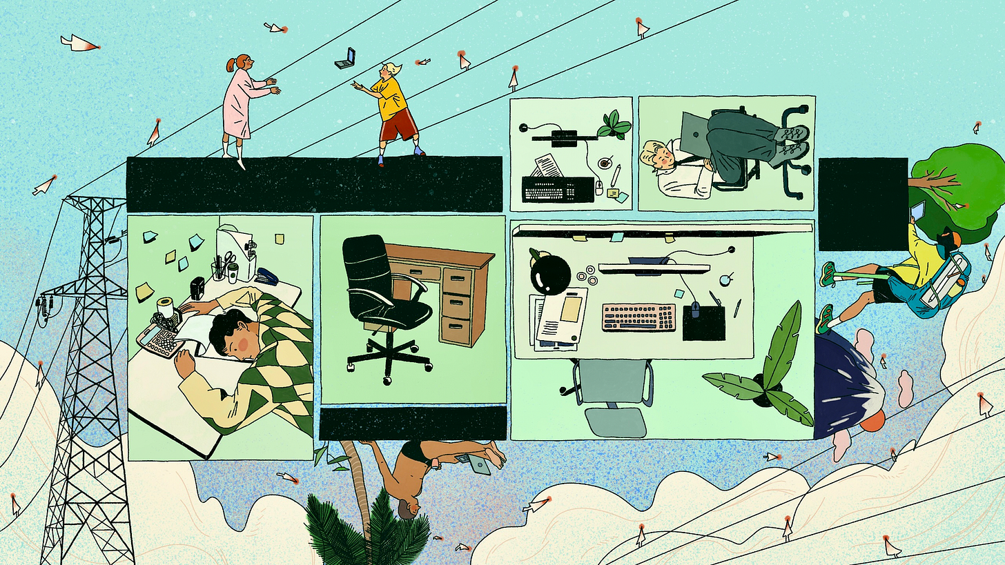 Within the frames are people bound to their office cubicles; beyond them, individuals work freely from diverse locations, connected through digital signals.