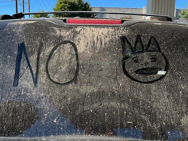 A car with a no and a crown drawn on the back of it

AI-generated content may be incorrect.