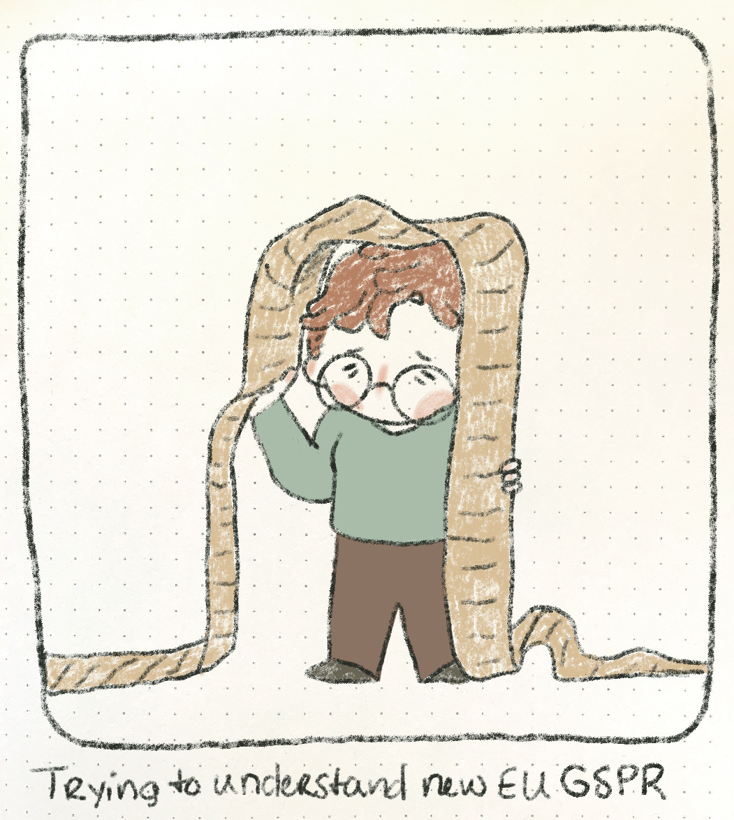 A drawing of Nicki covered by a long list on paper. Below the image it says "trying to understand new EU GSPR rules."