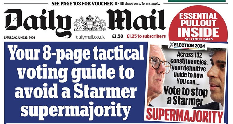 Daily Mail front page - headling reads: Your 8 page tactical voting guide to avoid a Starmer supermajority