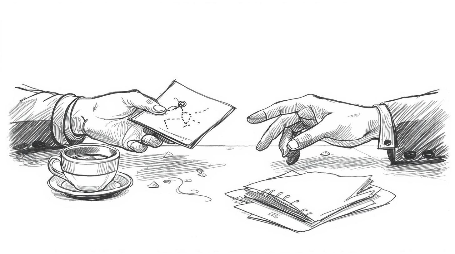 Two hands exchanging a hand-drawn map over a counter with a teacup between them