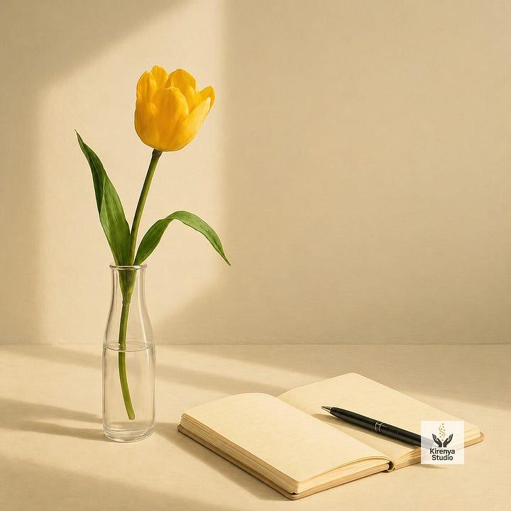 Four sunlit still-life images shown in order: a yellow tulip, a white tulip, a red tulip, and a violet tulip, each in a clear glass vase beside an open notebook and pen on a warm beige surface.