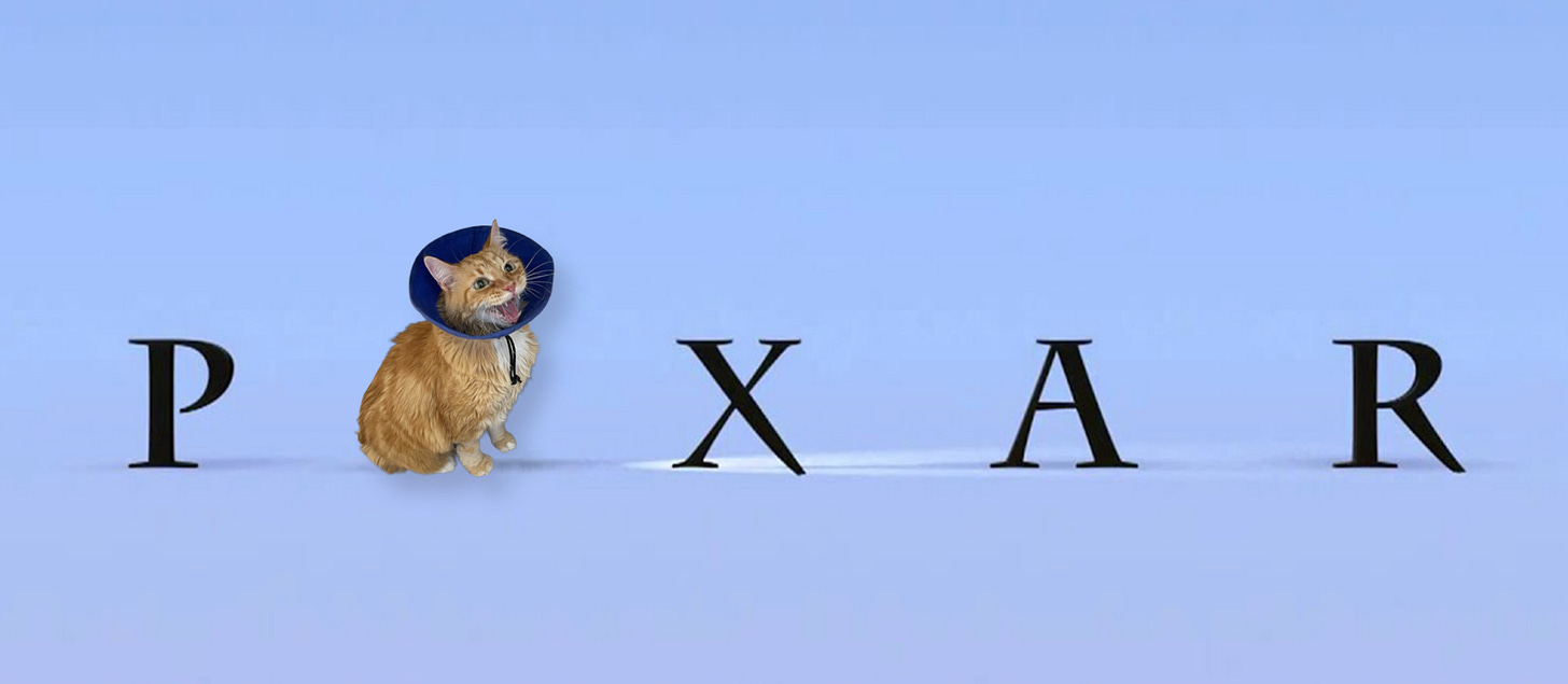 The pixar logo with an orange cat in a cone replacing the letter 'I'