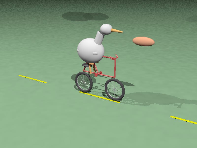 3D scene. The bicycle has a sort of square frame in the wrong place, but good wheels. The pelican is stood on top - a large white blob, a smaller white blob head, a cylinder neck and a conical beak in the right place, plus legs that reach out-of-place pedals. A egg floats mysteriously in front of the bird.