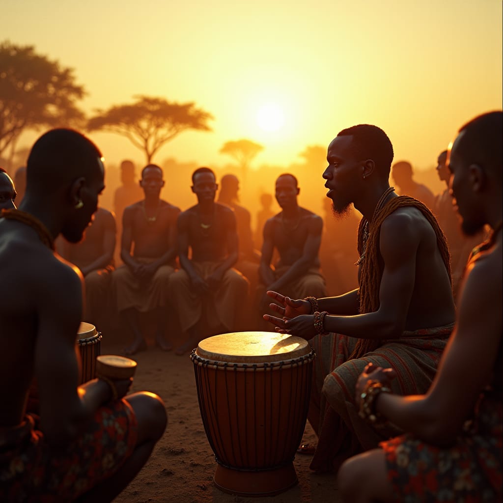 African villagers gathered around a majestic djembe player, lost in the rhythm of traditional Yoruba music, circa 1800s, under the warm, golden light of a setting savannah sun, with deep shadows and rich textures