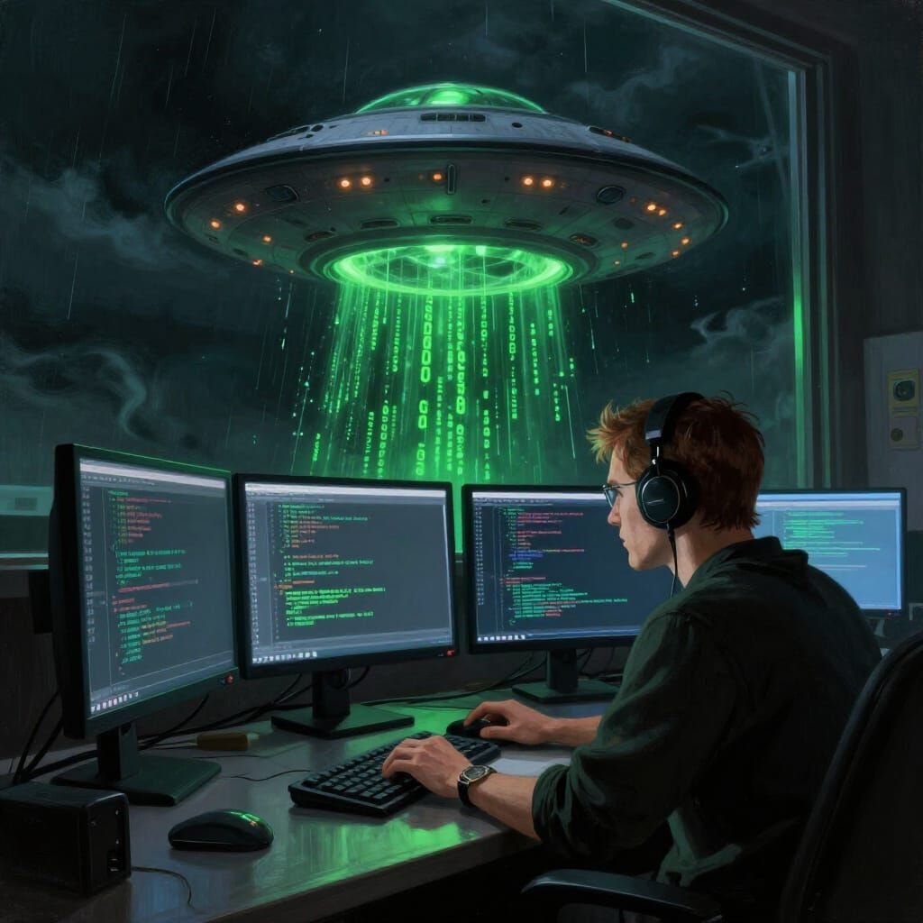 A programmer is at his desk, out his window is a UFO and he sees code falling down from a dark sky like in the Matrix.