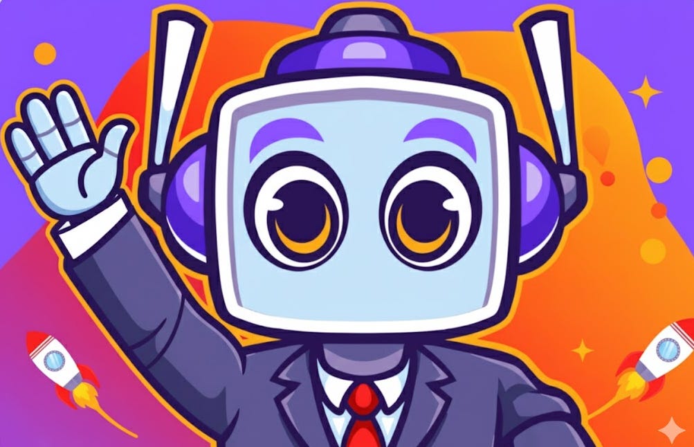 A friendly, stylized blue robot character in a suit waves goodbye, set against a vibrant purple and orange gradient background with two small rockets flying upwards. A friendly, stylized blue robot character in a suit waves goodbye, set against a vibrant purple and orange gradient background with two small rockets flying upwards.