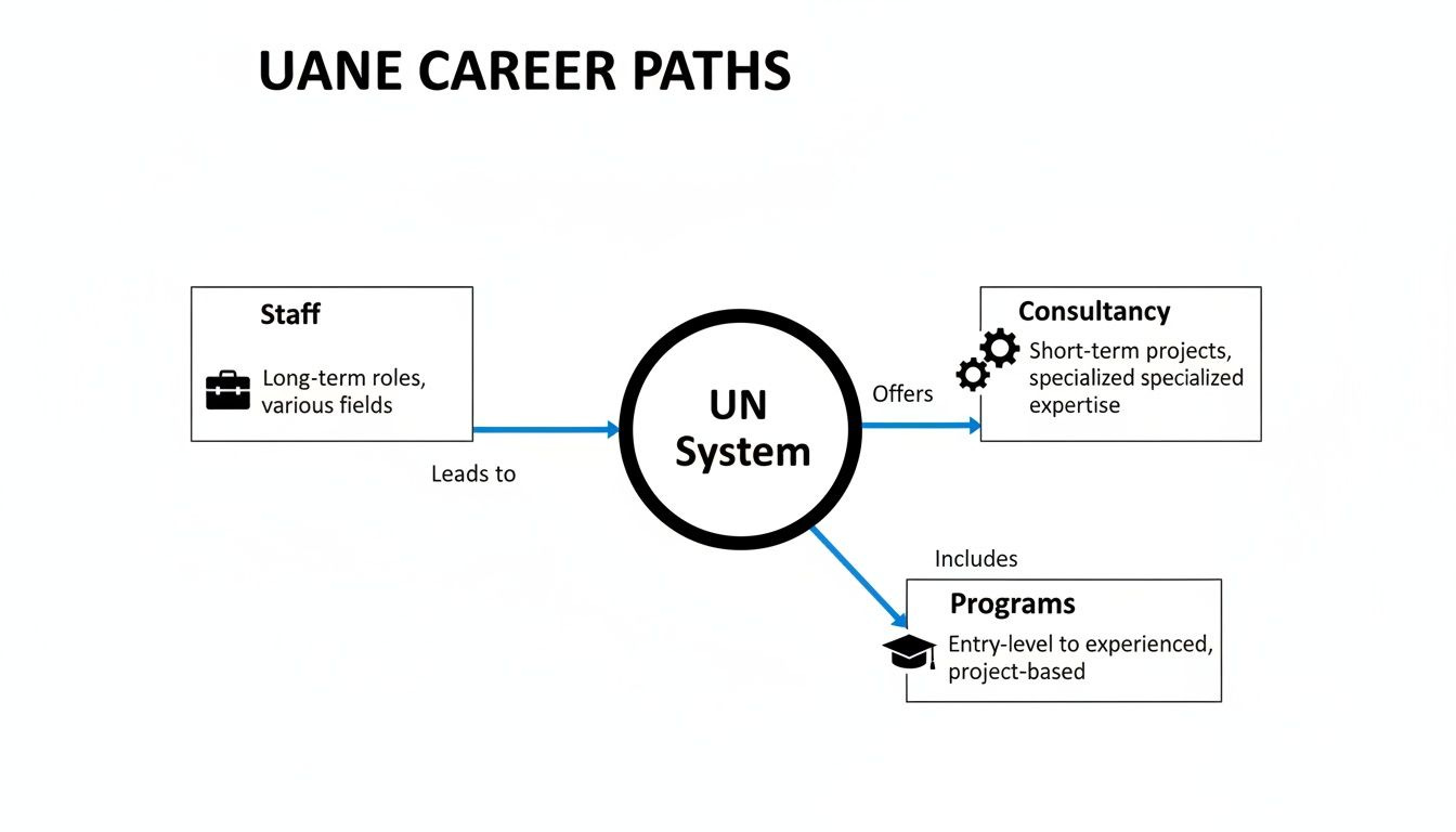 Flowchart illustrating UANE career paths within the UN System, covering staff, consultancy, and programs. Flowchart illustrating UANE career paths within the UN System, covering staff, consultancy, and programs.