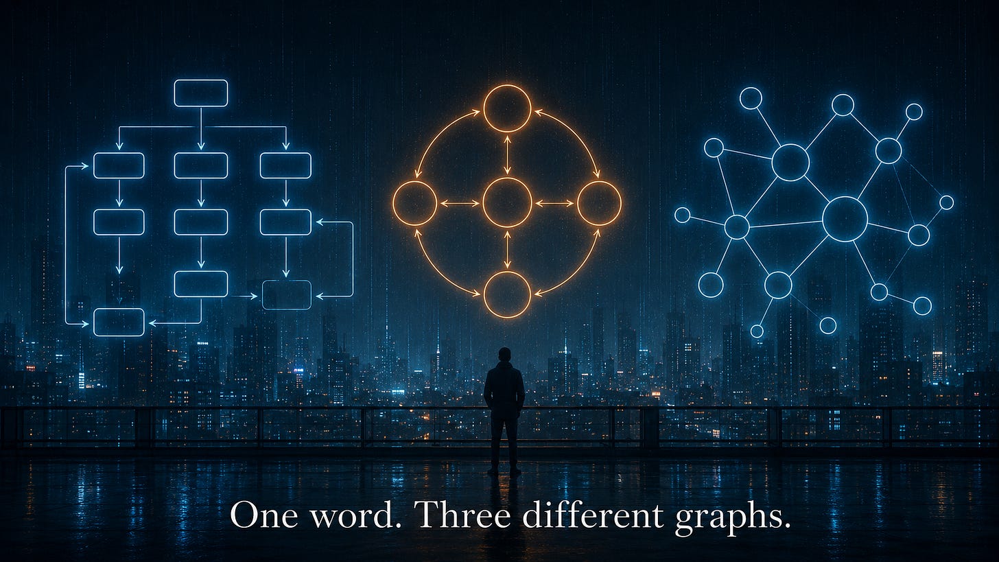 Futuristic cityscape with three glowing graph diagrams representing workflow, feedback loops, and knowledge networks. Futuristic cityscape with three glowing graph diagrams representing workflow, feedback loops, and knowledge networks.