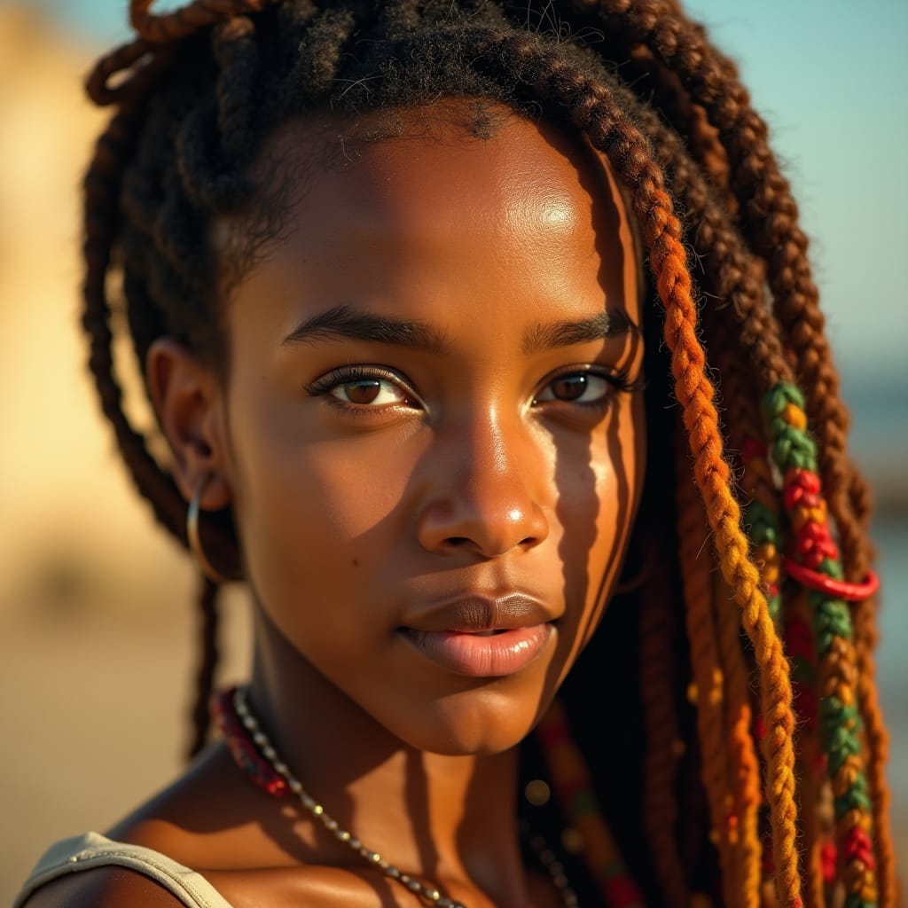 A stunningly beautiful young white woman with a vibrant Rastafarian spirit, adorned with colorful dreadlocks and radiant, warm-toned skin, set against a subtle, creamy bokeh. Her eyes sparkle with a deep, introspective intensity, as if lost in a profound moment of connection. Captured in breathtaking, cinematic detail, evoking the distinctive aesthetic of legendary cinematographer, Emmanuel Lubezki, with a hint of Terrence Malick's poetic realism and the nuanced, naturalistic style of Lynne Ramsay.