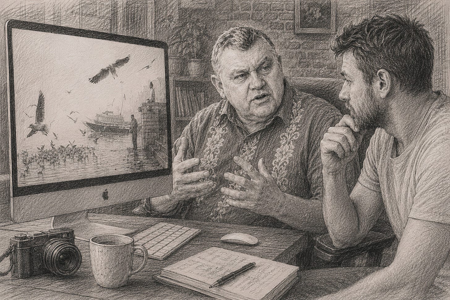 Two men sit at a desk discussing a photo of birds on a computer monitor. One gestures while speaking; the other listens with his hand on his chin. A camera, mug, keyboard, and notebook are also on the desk.