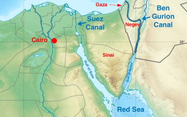The Ben Gurion Canal compared to the Suez Canal. Credit: Wikipedia Commons