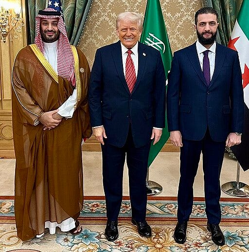 512px president donald trump with saudi crown prince mohammed bin salman and president of syria ahmed al sharaa (2025) (cropped)