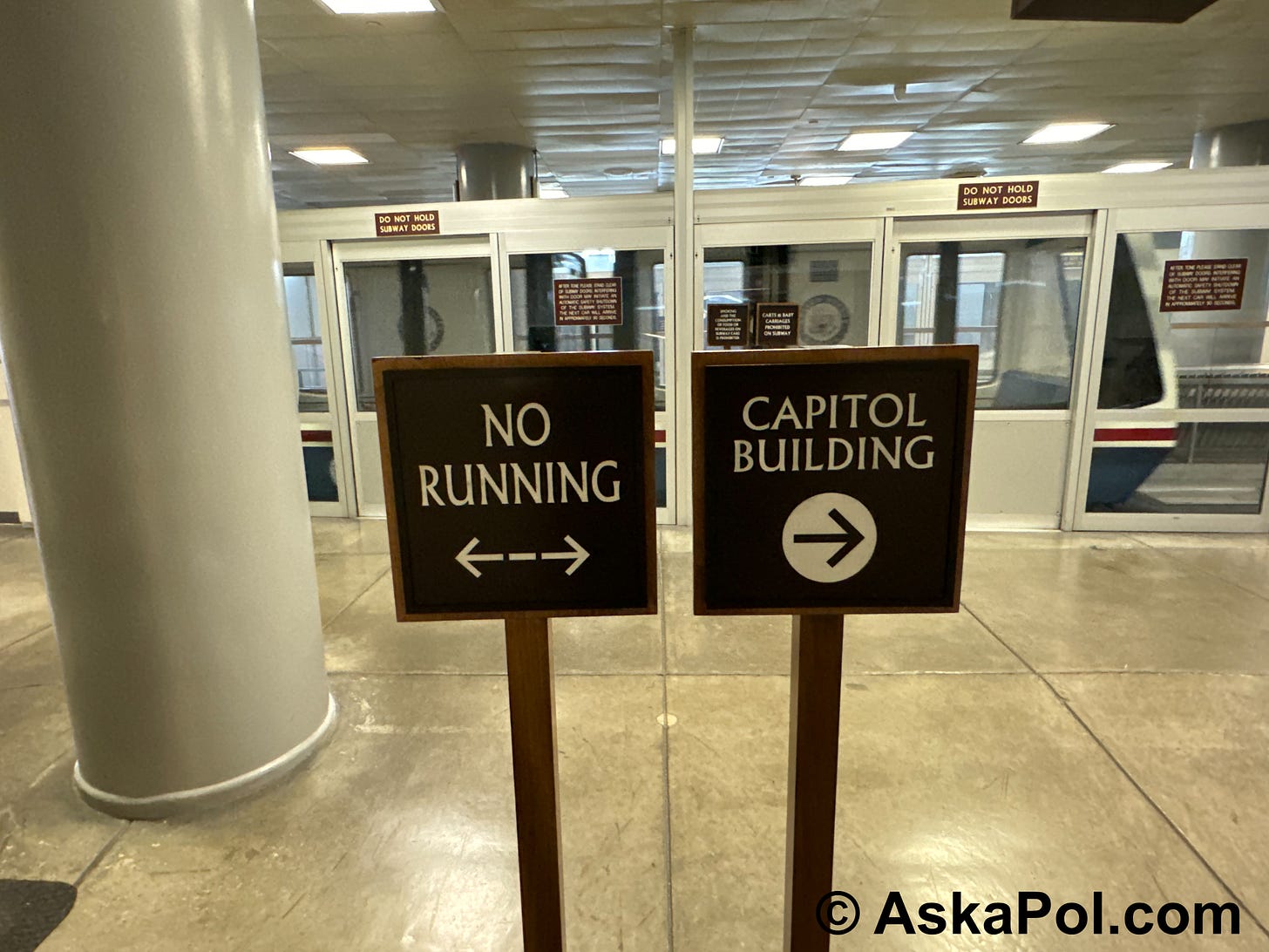 Sign warns against running as an underground tram rides past. Photo: www.thelcb.com © Ask a Pol