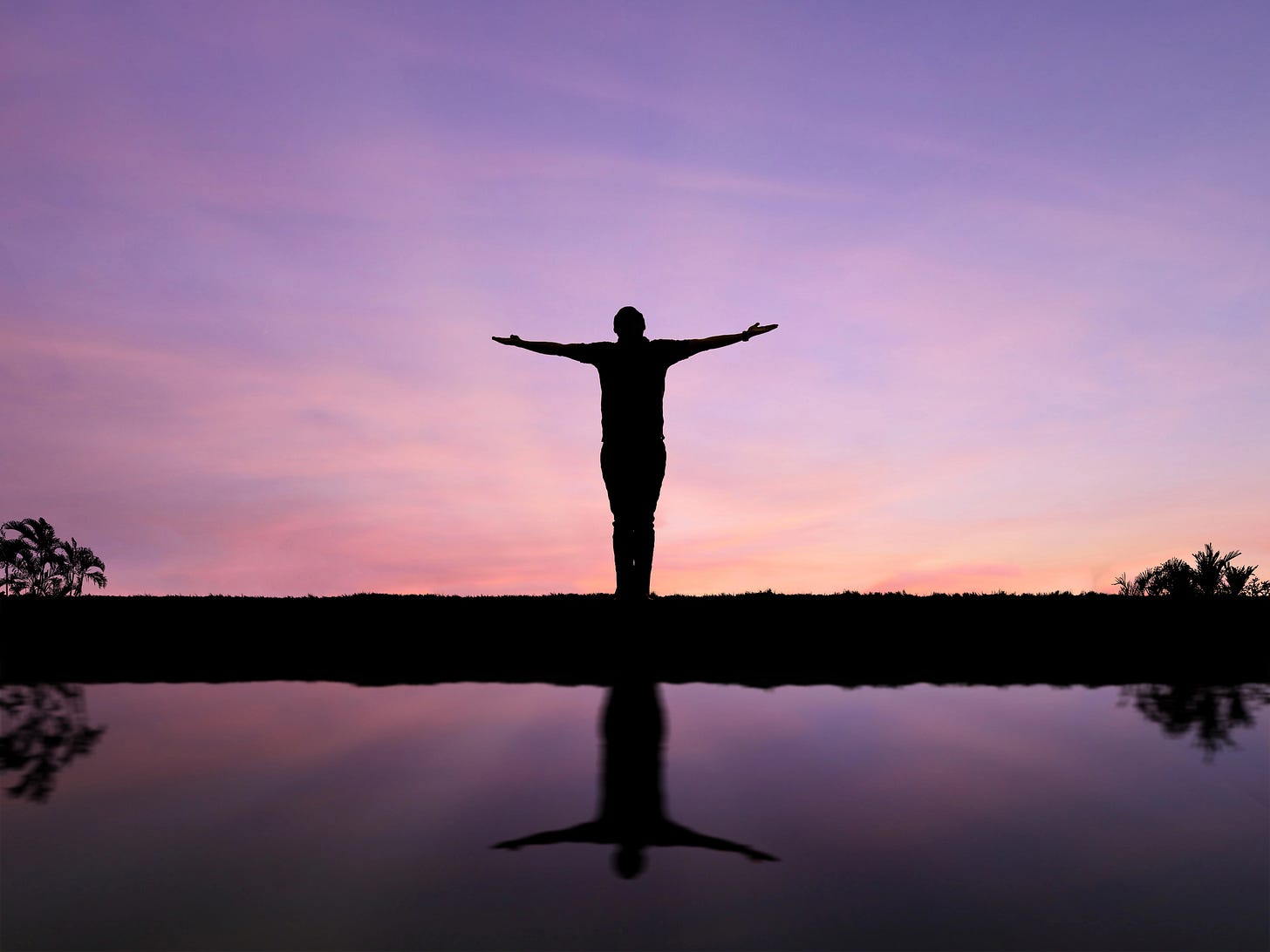 Rear view of man with arms extended facing a purple sky with water behind him