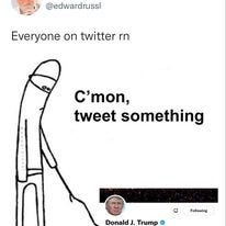 May be an image of 2 people and text that says 'Edward @edwardrussl Everyone on twitter rn C'mon, tweet something 1 Following Donald J. Trump @realDonaldTrump 45th President of the United States of America Ο Washington, DC @Vote.DonaldJTrump.com 8 Joined March 2009'