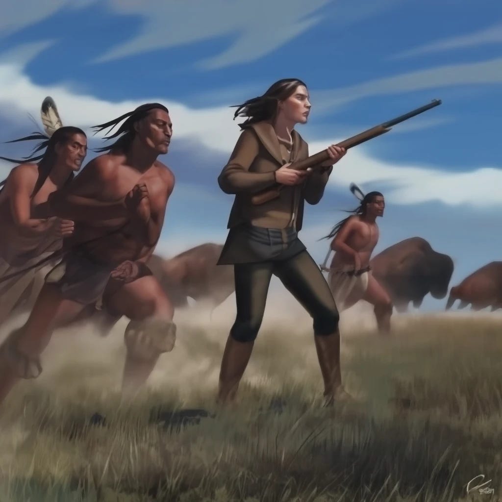 White woman hunting buffalo with indians
