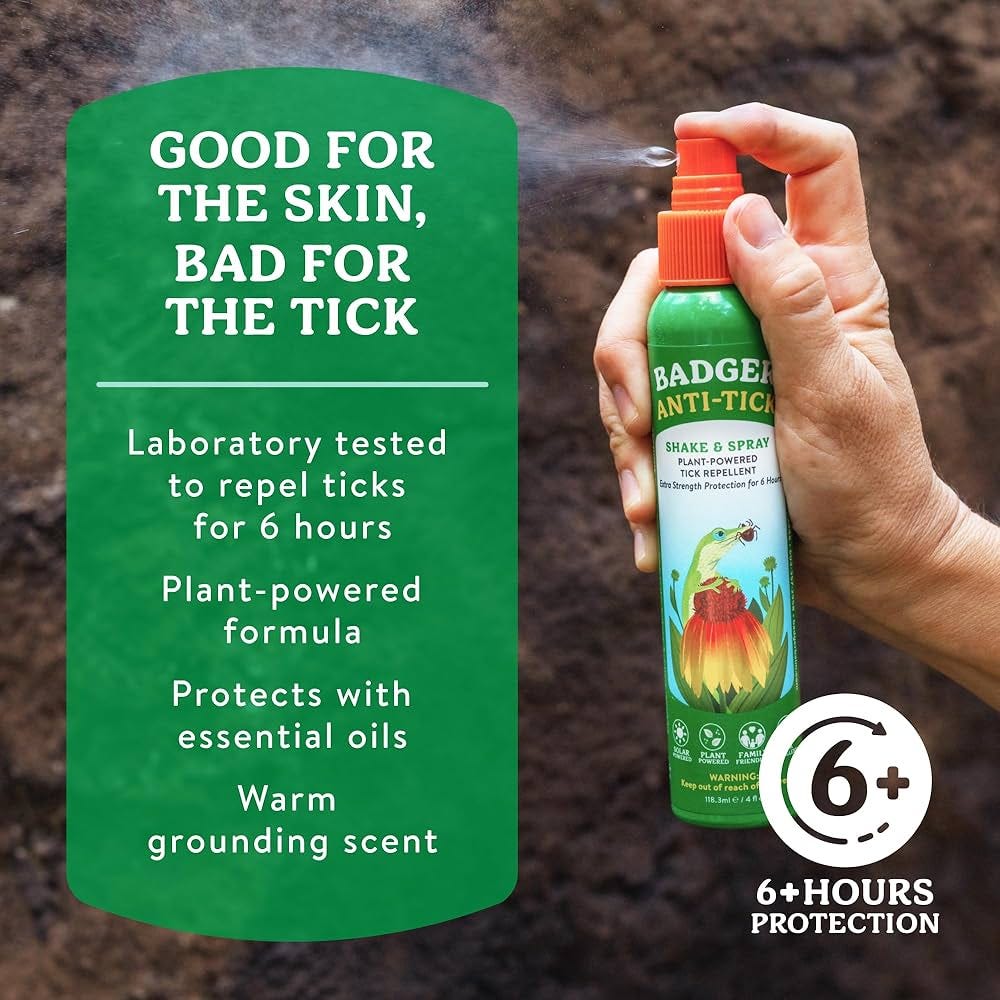 Amazon.com: Badger Tick Spray, All Natural Tick Repellent for Humans, 6+  Hours Effective, Extra Strength Protection w/Organic Essential Oils, Safe  for Kids, Deet-Free, Vegan, Plant Based, 4 fl oz, 2-Pack : Patio,