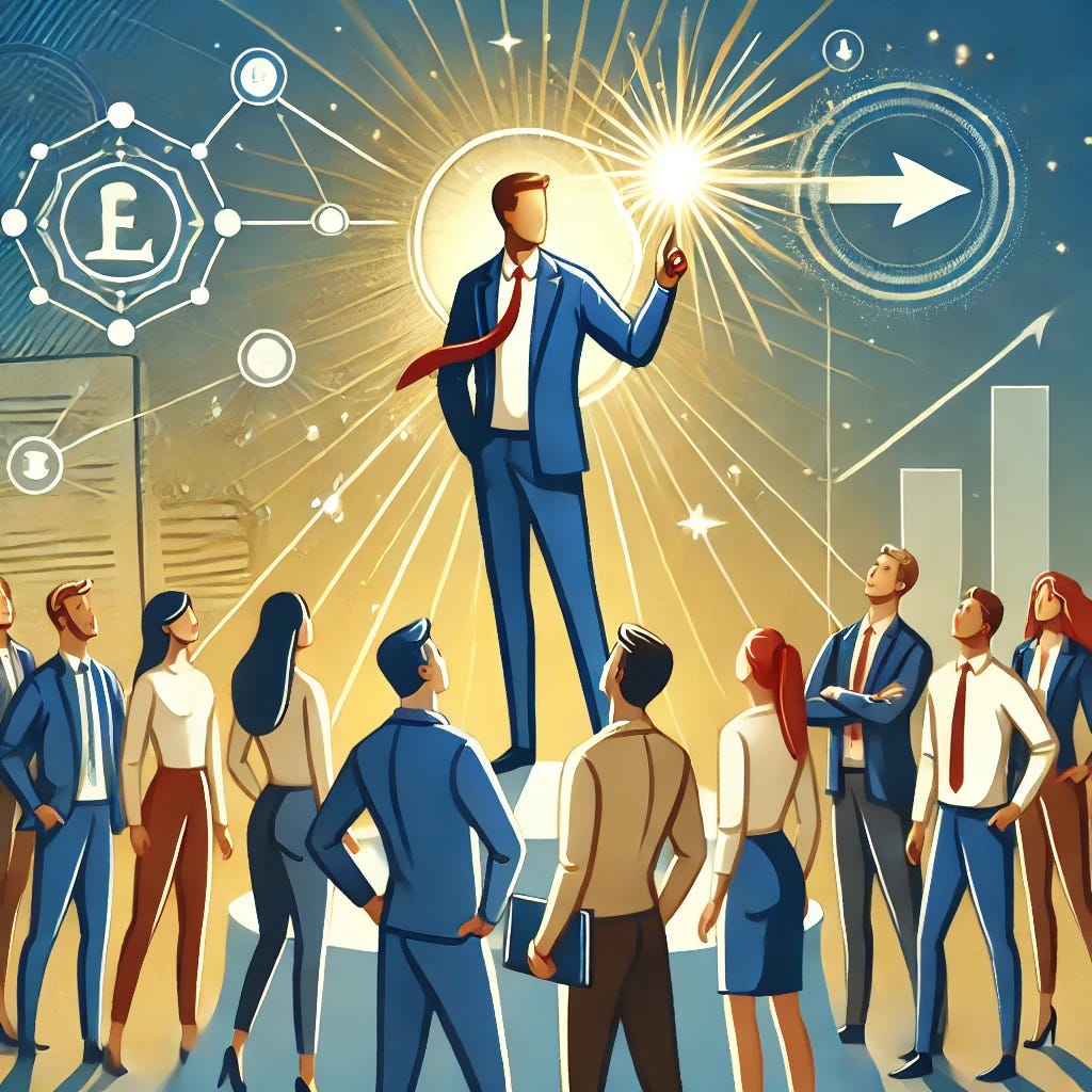 A professional and inspiring illustration depicting leadership qualities, showing a person leading a group with a guiding light, symbolizing influence and impact. The group members are diverse and actively engaged, representing collaboration and teamwork. The background features a modern office environment with motivational tones of blue and gold, emphasizing success and leadership growth.