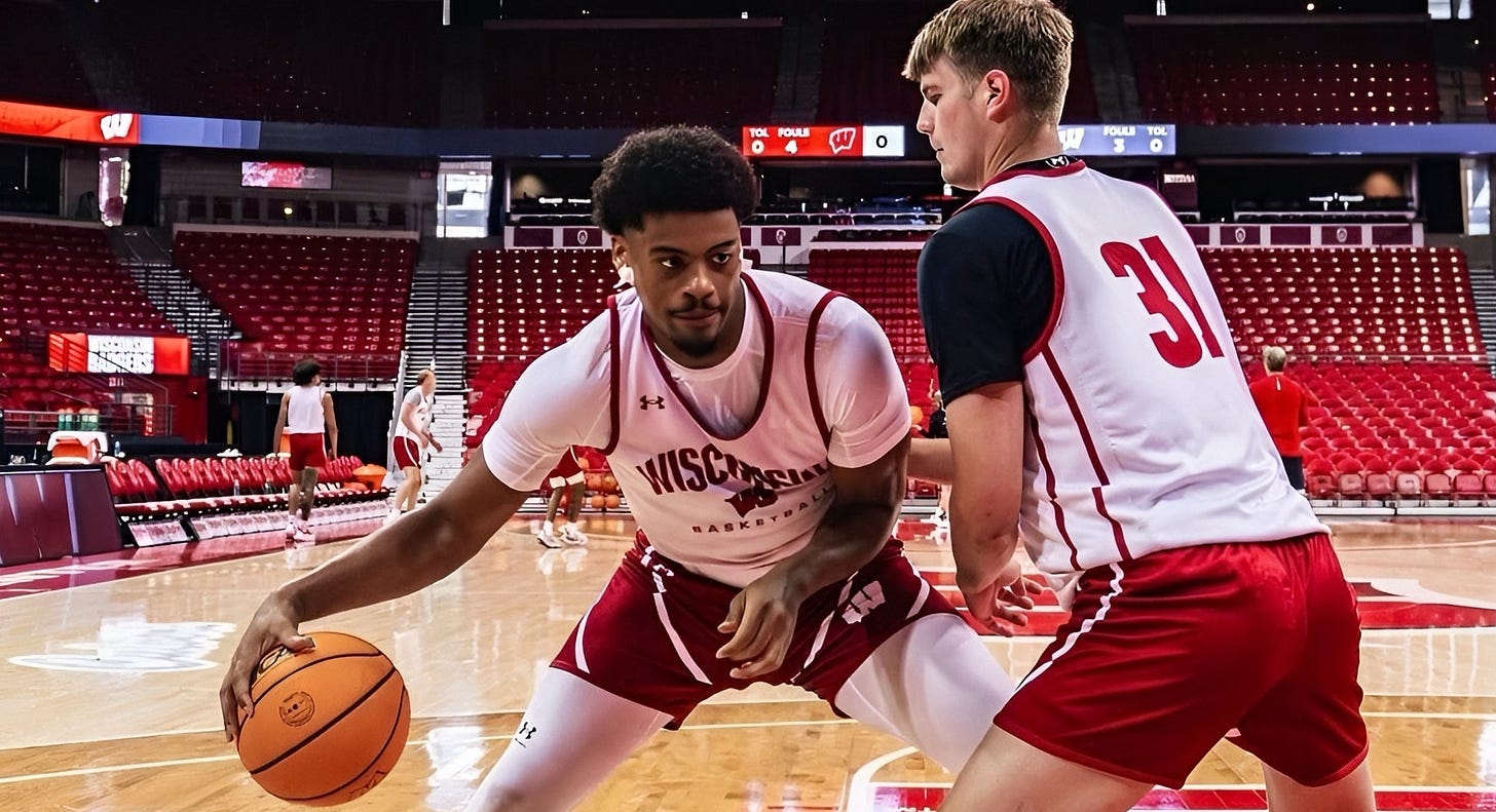 Wisconsin Badgers forward Elijah Gray goes up against Nolan Winter during a team practice.