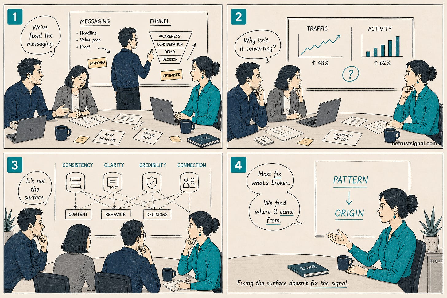 Four panel illustration showing a B2B team fixing messaging and funnel while traffic rises but conversion stalls, Esme identifies the four trust signals of consistency clarity credibility and connection connecting to content behavior and decisions before revealing most fix what's broken but Esme finds where it came from Four panel illustration showing a B2B team fixing messaging and funnel while traffic rises but conversion stalls, Esme identifies the four trust signals of consistency clarity credibility and connection connecting to content behavior and decisions before revealing most fix what's broken but Esme finds where it came from