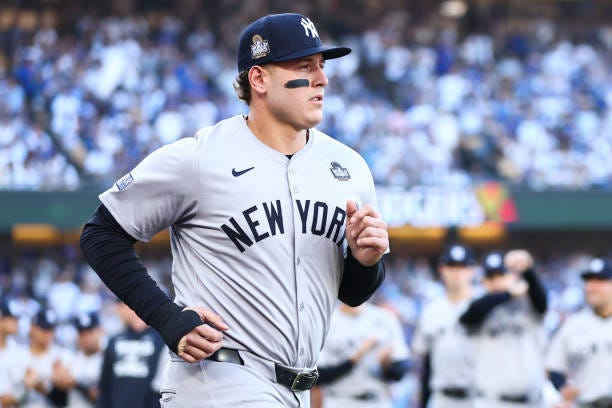 Anthony Rizzo of the New York Yankees is introduced before Game One of the 2024 World Series against the Los Angeles Dodgers at Dodger Stadium on...