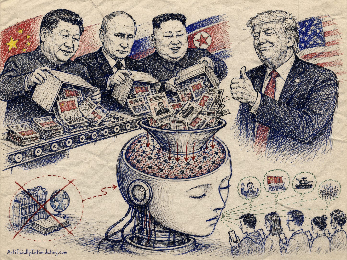AI Created Hand-drawn editorial sketch on textured paper showing Xi Jinping, Vladimir Putin, Kim Jong Un, and Donald Trump feeding stacks of propaganda newspapers and media into a conveyor system above a giant AI head. The material pours into the open top of the AI brain while arrows show information flowing into its neural network. Below, ordinary people stare at smartphones as simplified political imagery streams from the AI toward them. A crossed-out bookshelf and globe in the corner suggest the rejection of traditional knowledge and independent information sources.